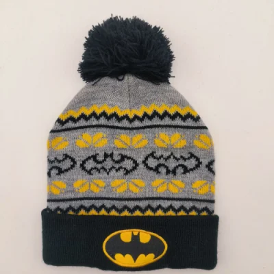 Cappello invernale Batman in maglia jacquard acrilica a 3 colori con 4 angoli e pompon in filato