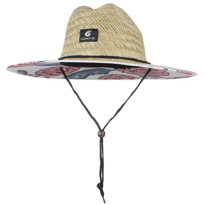 Cappelli da donna estivi in ​​paglia naturale a tesa larga in paglia da bagnino, cappello da spiaggia con stampa sotto la tesa per giardinaggio, pesca, escursionismo