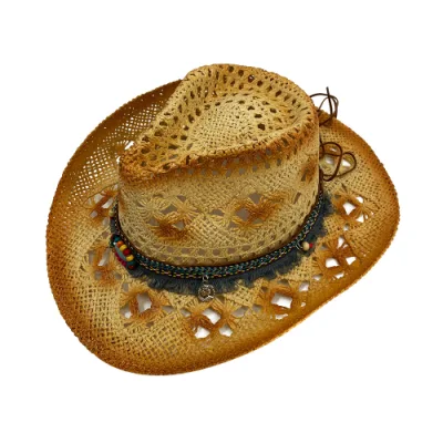 2023 Cappelli da cowboy arrotolati rigidi in paglia occidentale traspirante scavati da donna con gemme